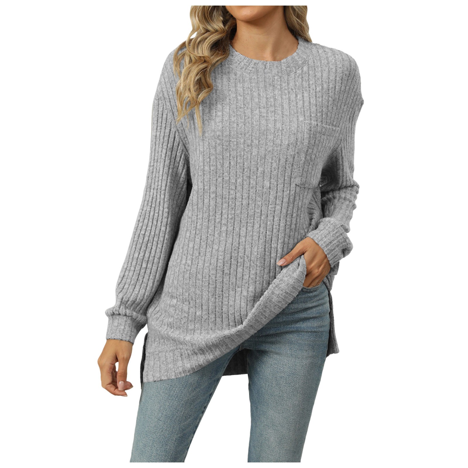 thumbnail image 1 of Jersey ligero de manga larga y cuello redondo para mujer - Jersey túnica informal, poliéster de color liso, tallas S-XXL para el otoño, 1 of 7